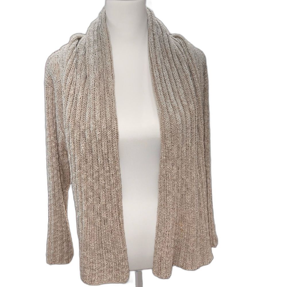 Saga Mode de Paris Oatmeal Drape Shawl Open Front Cardigan Knit Ribbed Sweater S